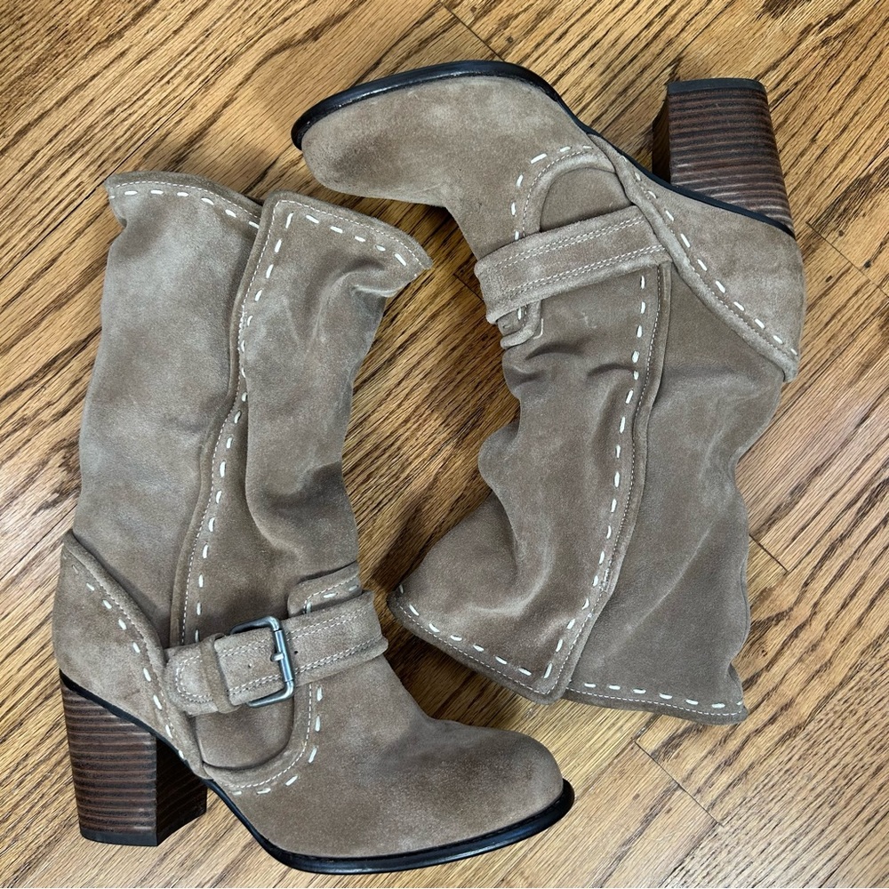 Splendid Taupe Suede Mid-Calf Buckle Heeled Boots